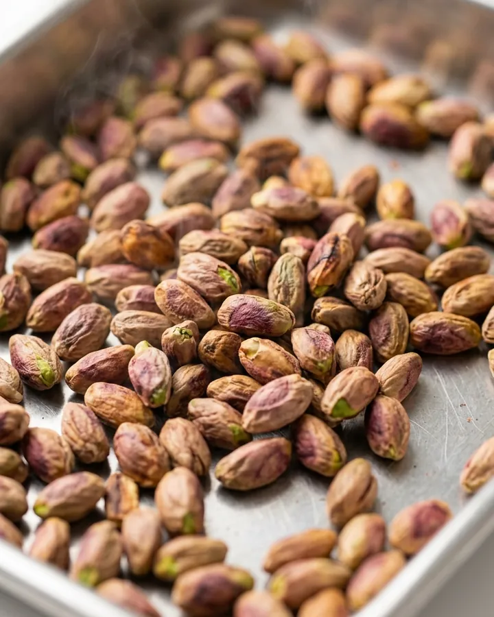 Pistachos recién tostados en una bandeja de acero